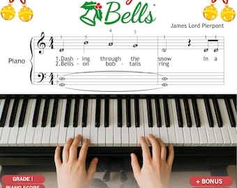 Jingle Bells – Grade 1 Piano Sheet with Lyrics | Color Notes, Note Names, MP3 and Video Tutorial | Easy Christmas Song Instant Download