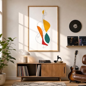 Può includere: Una stampa artistica incorniciata che presenta un disegno a linea continua nera di un violoncello su sfondo bianco, accentuato da forme astratte in giallo, arancione e verde acqua. L'opera è esposta in una cornice di legno chiaro.