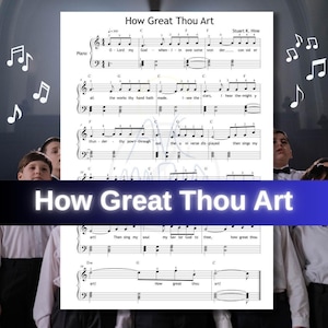 Puede incluir: Una página de partitura titulada How Great Thou Art de Stuart K. Hine, que presenta notación para piano con letras y notas musicales. El documento en blanco y negro muestra pentagramas, claves de sol y fa, y digitación para piano.