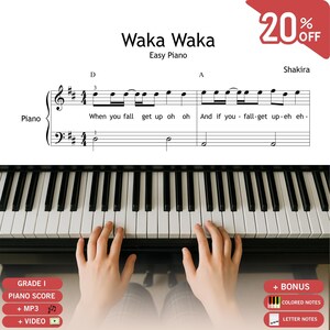May include: A piano sheet music page for Waka Waka by Shakira, featuring musical notation, lyrics, and chords. The document includes labels for Grade 1, MP3, video, colored notes, and letter notes, displayed above a piano keyboard with hands.