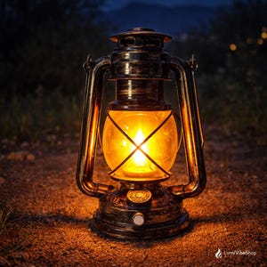 Op de afbeelding: Een lantaarn in antieke stijl met een warm, gloeiend licht. De lantaarn heeft een zwart-gouden afwerking, een glazen bol en een handvat om te dragen. Het licht binnenin geeft een warme, uitnodigende gloed.