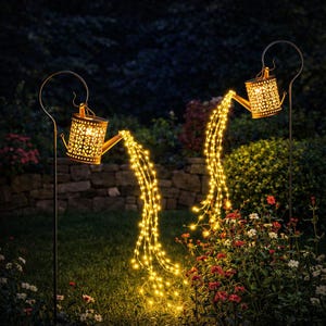 Puede incluir: Dos luces solares decorativas para exteriores con forma de regaderas. Las regaderas son de color dorado con intrincados patrones recortados, y el "agua" es una cascada de luces LED blancas cálidas. Las luces están en un jardín con flores.