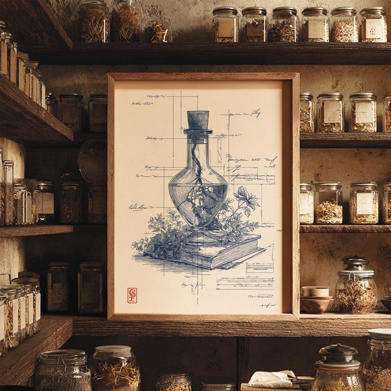 May include: A framed botanical illustration featuring a glass bottle with a cork stopper, containing a plant. The artwork is in blue ink, with a detailed drawing of a plant and a book. The background includes shelves filled with jars.