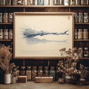 May include: A framed print of a broom blueprint, rendered in blue and beige tones. The artwork features detailed line drawings of a broom, with a shadow and technical grid. The print is displayed on a wooden shelf with jars and dried plants.