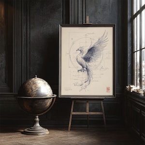 May include: A framed print of a phoenix with a blueprint-style background, displayed on a wooden easel. The artwork features a detailed illustration in shades of blue and gray. A vintage globe sits nearby, adding to the room's classic decor.