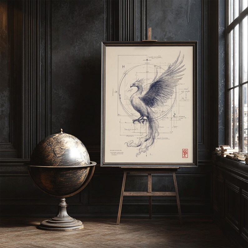 May include: A framed print of a phoenix with a blueprint-style background, displayed on a wooden easel. The artwork features a detailed illustration in shades of blue and gray. A vintage globe sits nearby, adding to the room's classic decor.