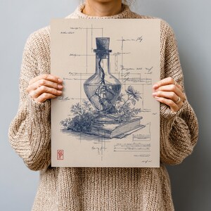 May include: A botanical illustration print featuring a glass bottle with a cork, containing plant roots and water, resting on a book. The artwork is in blue ink on a beige background, with botanical details and handwritten notes.