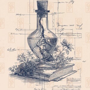 May include: An illustration of a glass bottle with a cork stopper, containing a plant, resting on a book with floral accents. The artwork is in shades of blue and beige, with architectural-style lines and handwritten notes.
