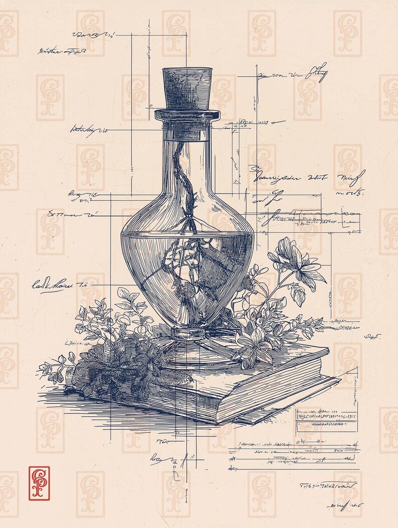 May include: An illustration of a glass bottle with a cork stopper, containing a plant, resting on a book with floral accents. The artwork is in shades of blue and beige, with architectural-style lines and handwritten notes.
