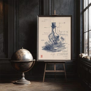May include: A framed blue and white botanical illustration on an easel. The artwork depicts a glass bottle with a cork, containing a plant, atop a book. A globe sits to the left. The room has dark wood paneling and a window.