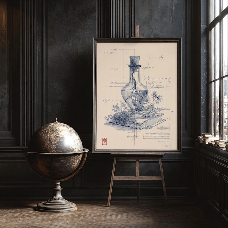 May include: A framed blue and white botanical illustration on an easel. The artwork depicts a glass bottle with a cork, containing a plant, atop a book. A globe sits to the left. The room has dark wood paneling and a window.