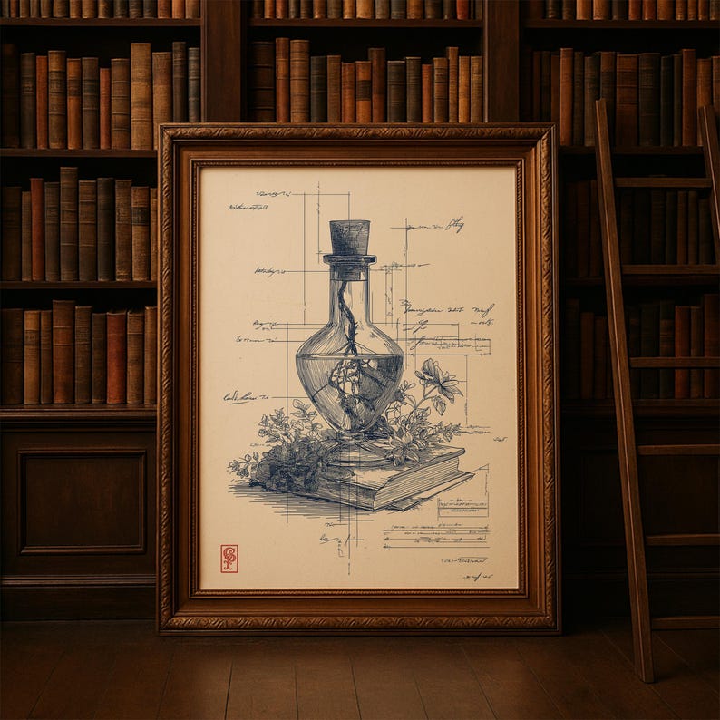 May include: A framed print featuring a detailed botanical illustration of a potion bottle with a top hat stopper, set against a backdrop of blueprints and floral elements. The artwork is in a wooden frame, with a library background.