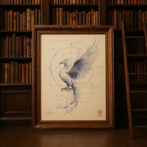 May include: A framed print featuring a detailed blue and white illustration of a phoenix with outstretched wings. The artwork is set against a backdrop of architectural blueprints and is displayed in a dark wooden frame. The print is placed in front of a bookshelf.
