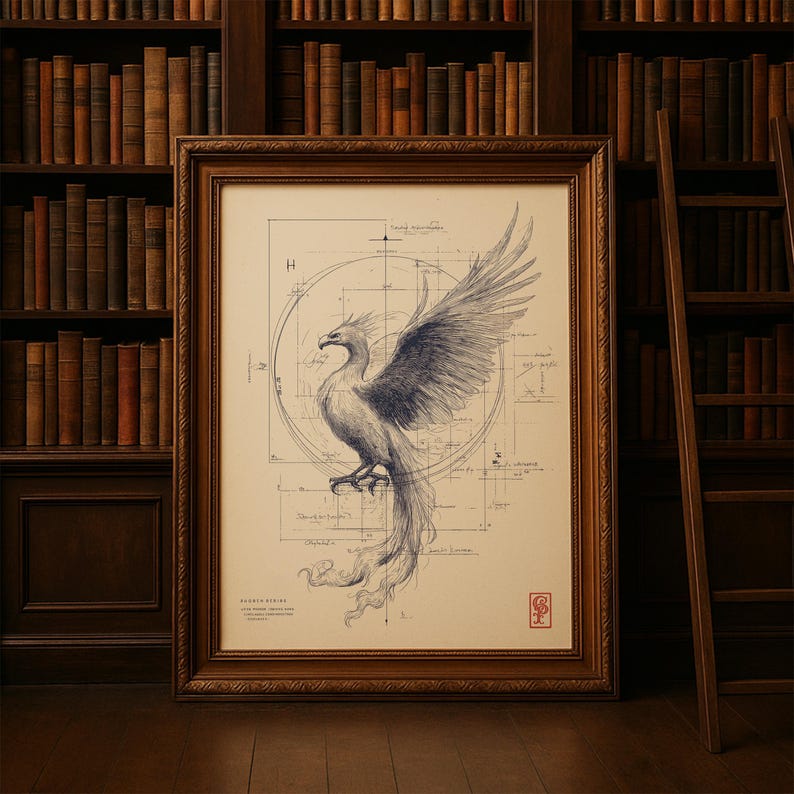 May include: A framed print featuring a detailed blue and white illustration of a phoenix with outstretched wings. The artwork is set against a backdrop of architectural blueprints and is displayed in a dark wooden frame. The print is placed in front of a bookshelf.