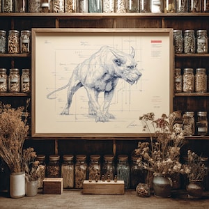 May include: A framed print featuring a detailed blue and white illustration of a mythical creature with horns and sharp teeth. The artwork includes technical drawing elements and is set against a beige background. The frame is made of wood.
