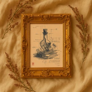 May include: A framed print with a gold ornate frame. The artwork features a detailed pen and ink drawing of a glass bottle with a cork stopper, containing a plant and sitting atop a book. Botanical elements and architectural sketches surround the bottle.