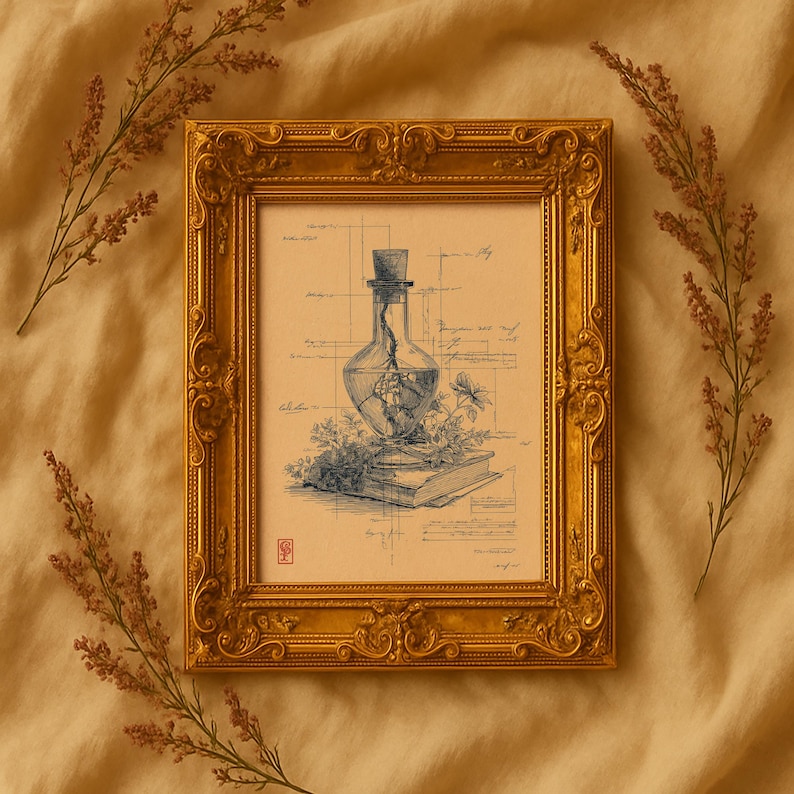 May include: A framed print with a gold ornate frame. The artwork features a detailed pen and ink drawing of a glass bottle with a cork stopper, containing a plant and sitting atop a book. Botanical elements and architectural sketches surround the bottle.