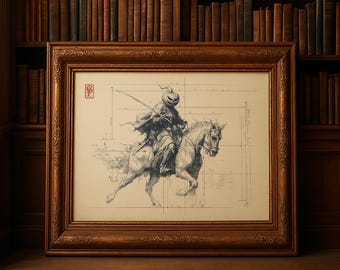Peut inclure: Illustration monochrome encadrée d'un cavalier à tête de citrouille sur un cheval, tenant une épée. L'œuvre est placée sur un fond de style plan et encadrée dans un cadre en bois foncé. L'œuvre est exposée sur une surface en bois.