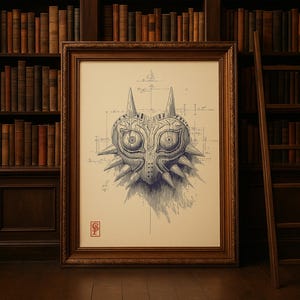 May include: Framed artwork featuring a detailed pen and ink drawing of a mask with sharp spikes and large eyes. The artwork is set against a blueprint-style background and framed in a dark wood. The artwork is displayed in a room with a library.