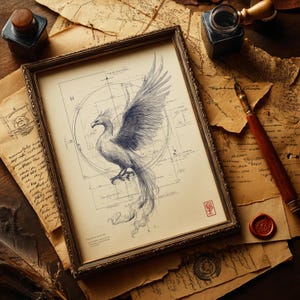 May include: Framed vintage-style print featuring a detailed blue and white illustration of a phoenix. The artwork is set against a blueprint-like background, framed in a gold-toned frame. The image is surrounded by aged paper and antique writing tools.
