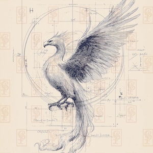 May include: A detailed pen and ink illustration of a phoenix with outstretched wings, set against a backdrop of architectural blueprints. The artwork features intricate linework and a vintage aesthetic, with text and symbols.