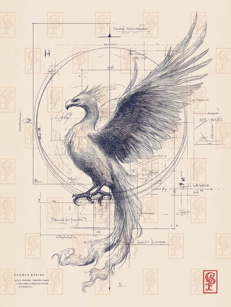 May include: A detailed pen and ink illustration of a phoenix with outstretched wings, set against a backdrop of architectural blueprints. The artwork features intricate linework and a vintage aesthetic, with text and symbols.