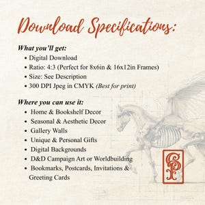 May include: Digital download specifications graphic with text in a vintage style. The text lists what you get, including a digital download, ratio, size, and DPI. It also lists where the digital art can be used, such as home decor and gallery walls.
