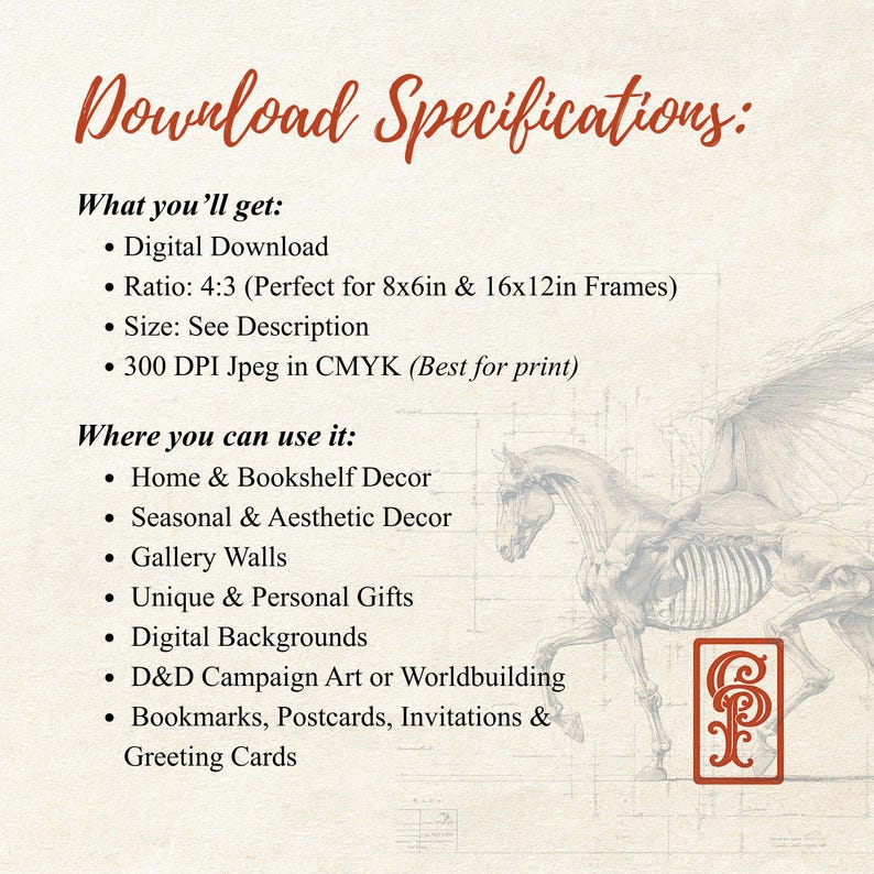 May include: Digital download specifications graphic with text in a vintage style. The text lists what you get, including a digital download, ratio, size, and DPI. It also lists where the digital art can be used, such as home decor and gallery walls.