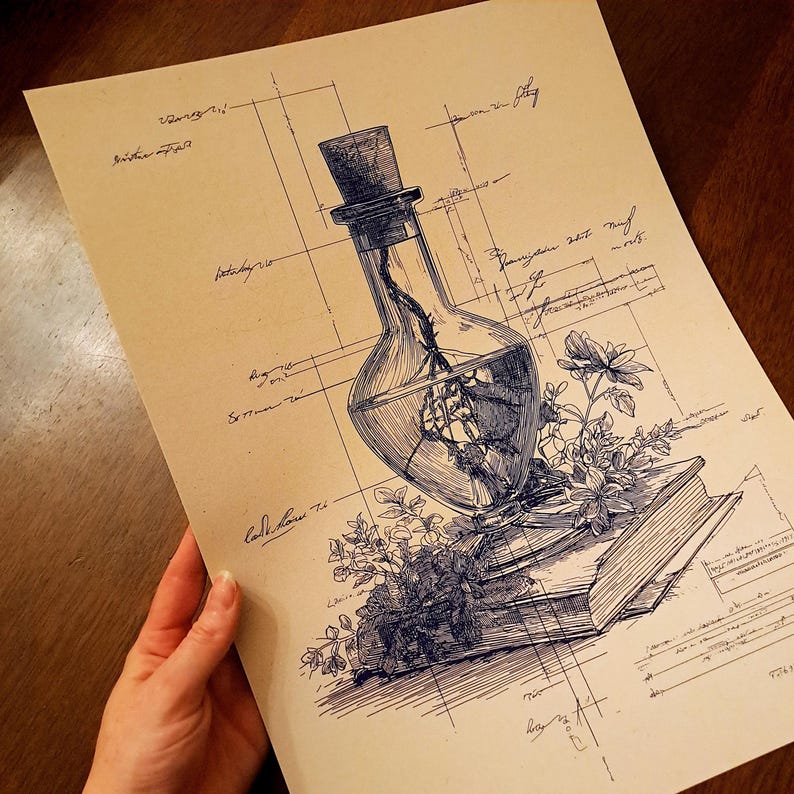 May include: Pen and ink illustration of a glass bottle with a cork stopper, containing a plant, resting on a stack of books with flowers. The artwork is on tan paper with handwritten notes and lines.