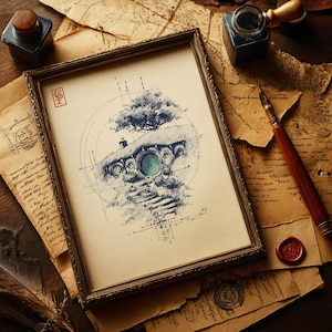 May include: A framed sketch of a hobbit hole with a green door, tree, and steps. The artwork is in a gold-colored frame, surrounded by aged paper, inkwells, a quill, and a wax seal, evoking a vintage aesthetic.