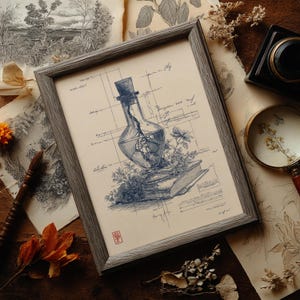 May include: Framed artwork featuring a detailed blue ink illustration of a glass bottle with a top hat, containing a plant, resting on a stack of books. The artwork is surrounded by botanical elements and handwritten notes.