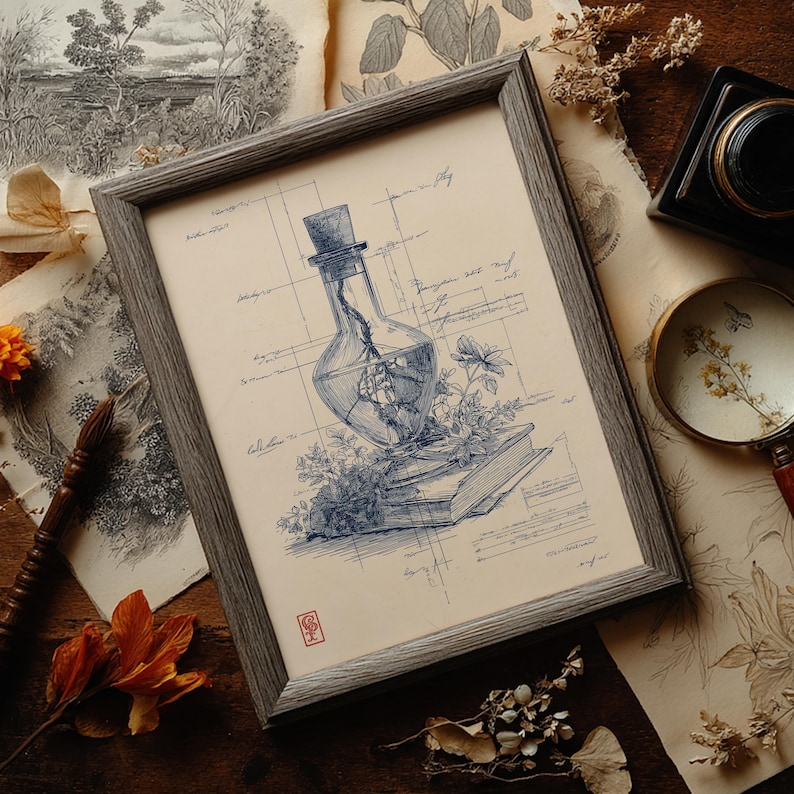May include: Framed artwork featuring a detailed blue ink illustration of a glass bottle with a top hat, containing a plant, resting on a stack of books. The artwork is surrounded by botanical elements and handwritten notes.