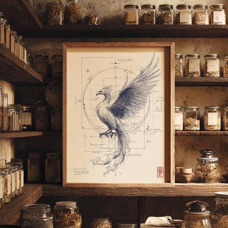 May include: A framed print featuring a detailed blue and white illustration of a phoenix with outstretched wings. The artwork is set against a blueprint-style background with circular and linear elements. The print is displayed on a wooden shelf with jars.