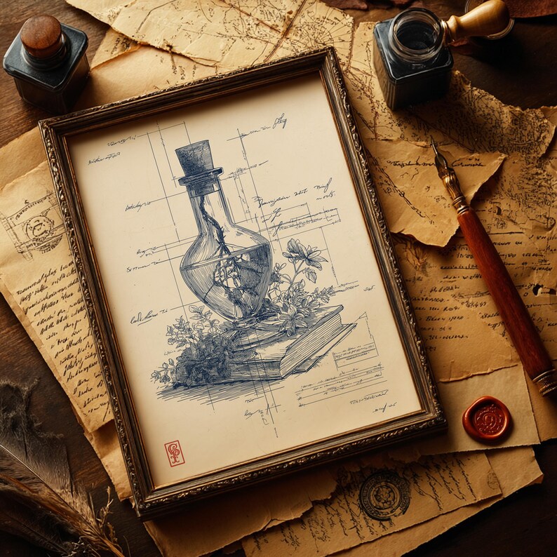 May include: A framed botanical illustration featuring a glass bottle with a cork stopper, containing a plant, resting on a stack of books. The artwork is in a vintage style, with blue ink on aged paper. Surrounding the frame are antique papers, inkwells, and a quill.