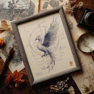 May include: Framed print featuring a detailed blue and white illustration of a phoenix with outstretched wings. The artwork is set against a cream-colored background with architectural-style lines and symbols. The frame is a weathered gray.