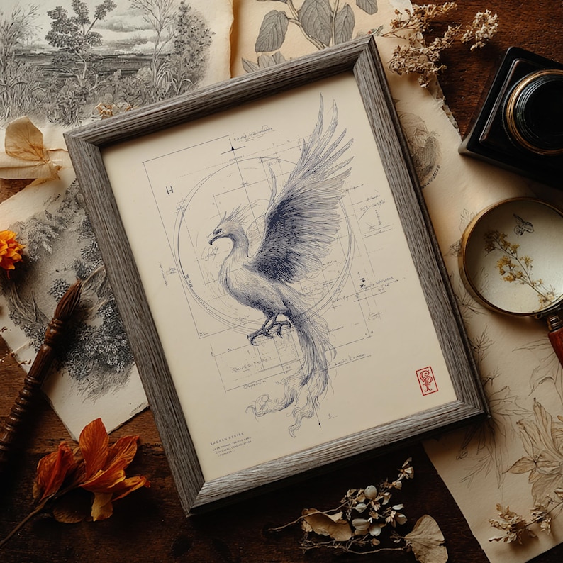 May include: Framed print featuring a detailed blue and white illustration of a phoenix with outstretched wings. The artwork is set against a cream-colored background with architectural-style lines and symbols. The frame is a weathered gray.