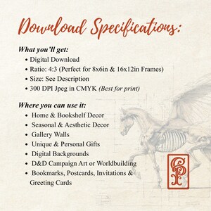 May include: Digital download specifications graphic with text in a vintage style. The text lists what you get, including a digital download, ratio, size, and DPI. It also lists where the digital art can be used, such as home decor and gallery walls.