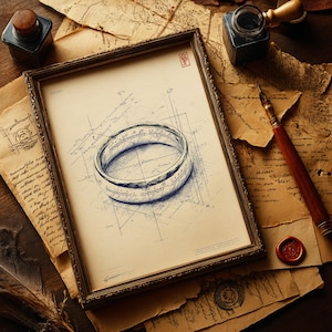 May include: A framed blueprint-style illustration of a ring with inscribed text, likely from a fantasy novel. The artwork is in a gold-toned frame, surrounded by aged paper, inkwells, and a quill pen, evoking a vintage aesthetic.