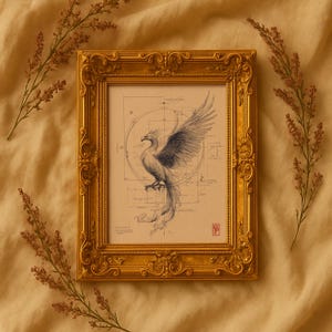 May include: A framed artwork featuring a detailed pencil drawing of a phoenix with outstretched wings. The artwork is set against a blueprint-style background and framed in an ornate gold frame. The artwork is displayed on a beige background.