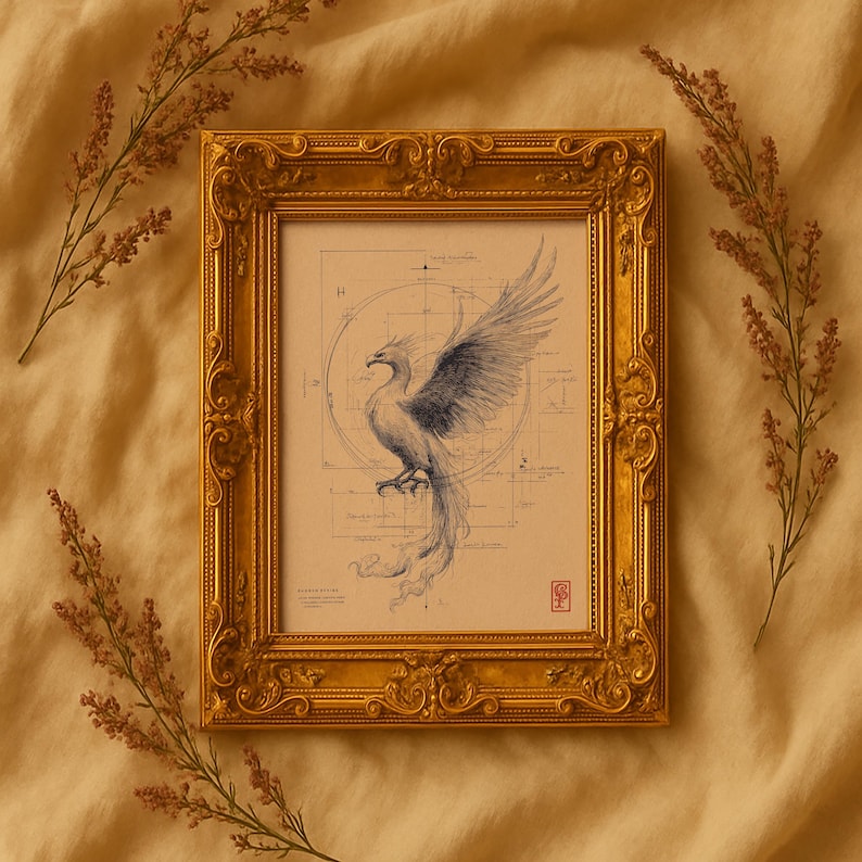 May include: A framed artwork featuring a detailed pencil drawing of a phoenix with outstretched wings. The artwork is set against a blueprint-style background and framed in an ornate gold frame. The artwork is displayed on a beige background.
