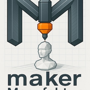 Könnte beinhalten: Illustration eines 3D-Druckers, der eine weiße Büste erstellt, überragt von einem stilisierten grauen "M". Der Text lautet "maker Manufaktur" mit "3D-Druck, 3D-Scan, CAD" darunter, alles auf kariertem Hintergrund.