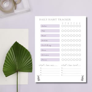 Może przedstawiać: Biały Daily Habit Tracker z lawendowymi akcentami. Tracker zawiera sekcje dotyczące spożycia wody, porządkowania, czytania, czasu na świeżym powietrzu, owoców i warzyw, snu, pielęgnacji skóry i tańca. Tekst "What's been easy...." i "What's been hard...." są również uwzględnione.