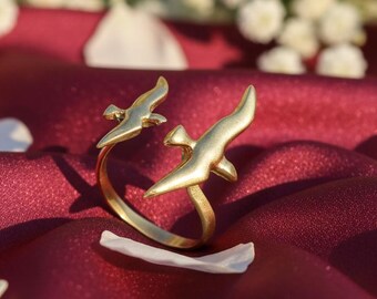 14K Gold Bird Ring, Dainty Adjustable Dove Statement, Minimalist Gold Wedding Gift For Her