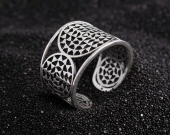 Sterling Silver Mandala Ring, Wide Adjustable Cuff Band, Geometric Filigree Boho Statement Jewelry