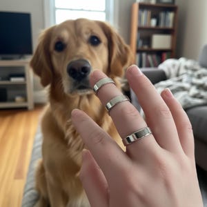 Puede incluir: Tres anillos plateados de diferentes tamaños se muestran en un dedo, con un perro golden retriever en el fondo. Los anillos tienen un diseño simple y plano y un acabado pulido. El perro está mirando los anillos.