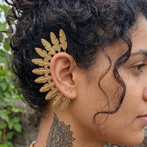 Gold Feather Ear Cuff Non Pierced Statement Ear Wrap, Tribal Wings Bohemian Full Ear Cuff, Boho Festival Earring, Unique Gift for Her
