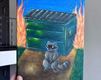Kto zapalił zapałkę? Oryginalny obraz akrylowy 8x10, zabawny szop, zwierzęta ze śmietnika, podpalacz