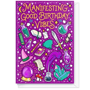 Tarjeta de cumpleaños con temática de brujas - Para ella - Atrayendo buenas vibras de cumpleaños