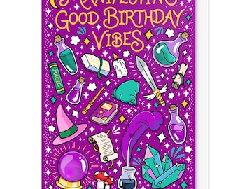 Tarjeta de cumpleaños con temática de brujas - Para ella - Atrayendo buenas vibras de cumpleaños