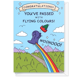 Pode incluir: Um cartão de felicitações com uma ilustração de desenho animado. O cartão apresenta um fundo de céu azul com o texto "PARABÉNS! PASSOU COM LOUVOR!" e "WOOHOOO!". Uma criatura roxa voa em um arco-íris.